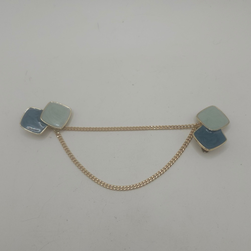Vintage Sweater Clip Gold Enamel Geometric Teal Mint Green Retro Cardigan Pin